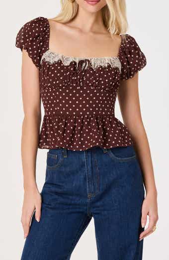 Letitia Polka Dot Lace Trim Peplum Top