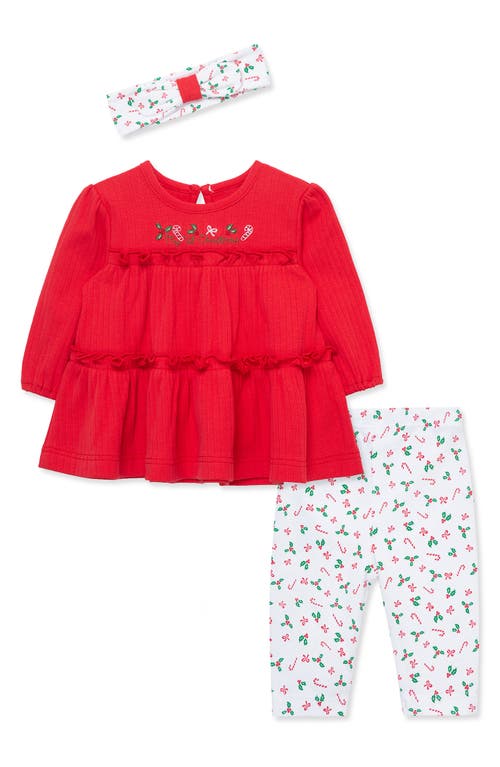 Little Me Candy Cane Tunic, Leggings & Headband Set in Red Multi 