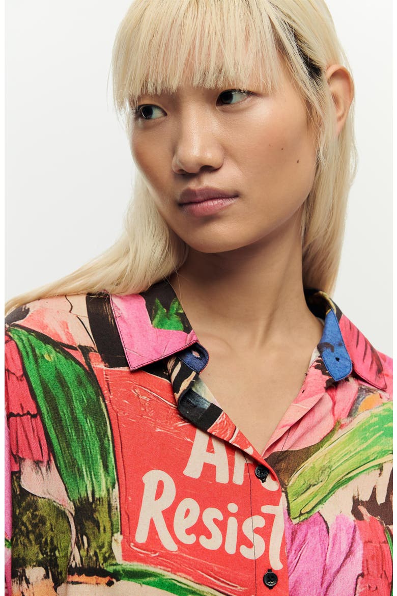 Collage Print Woven Button-Up Shirt, Alternate, color, PINK