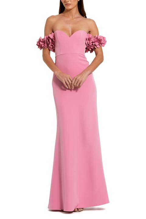 Off-the-Shoulder Crepe Gown with 3D Floral Appliqué