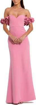 Mac Duggal Off-the-Shoulder Crepe Gown with 3D Floral Appliqué