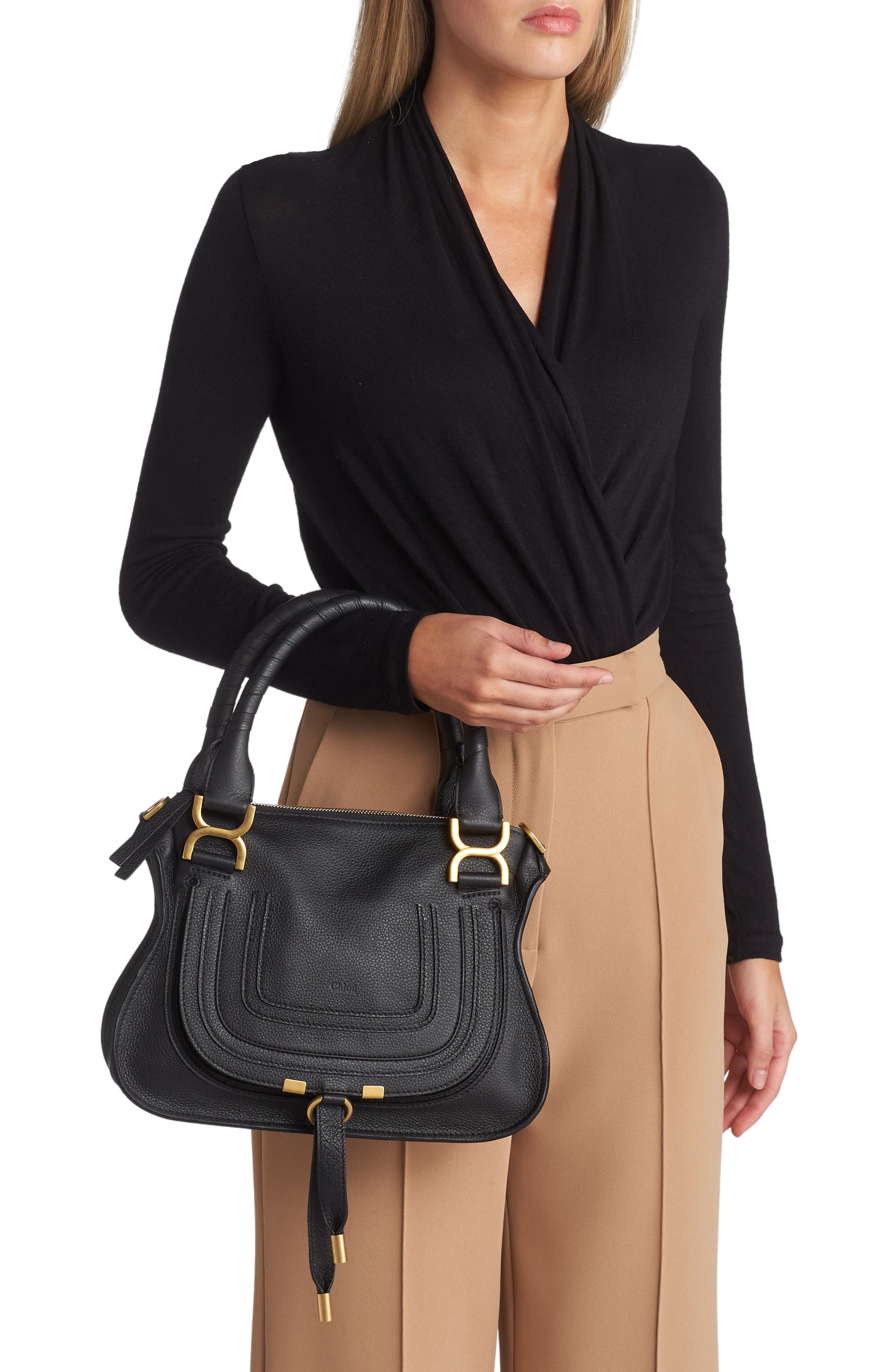 Chloé Small Marcie Leather Satchel, Alternate, color, Black