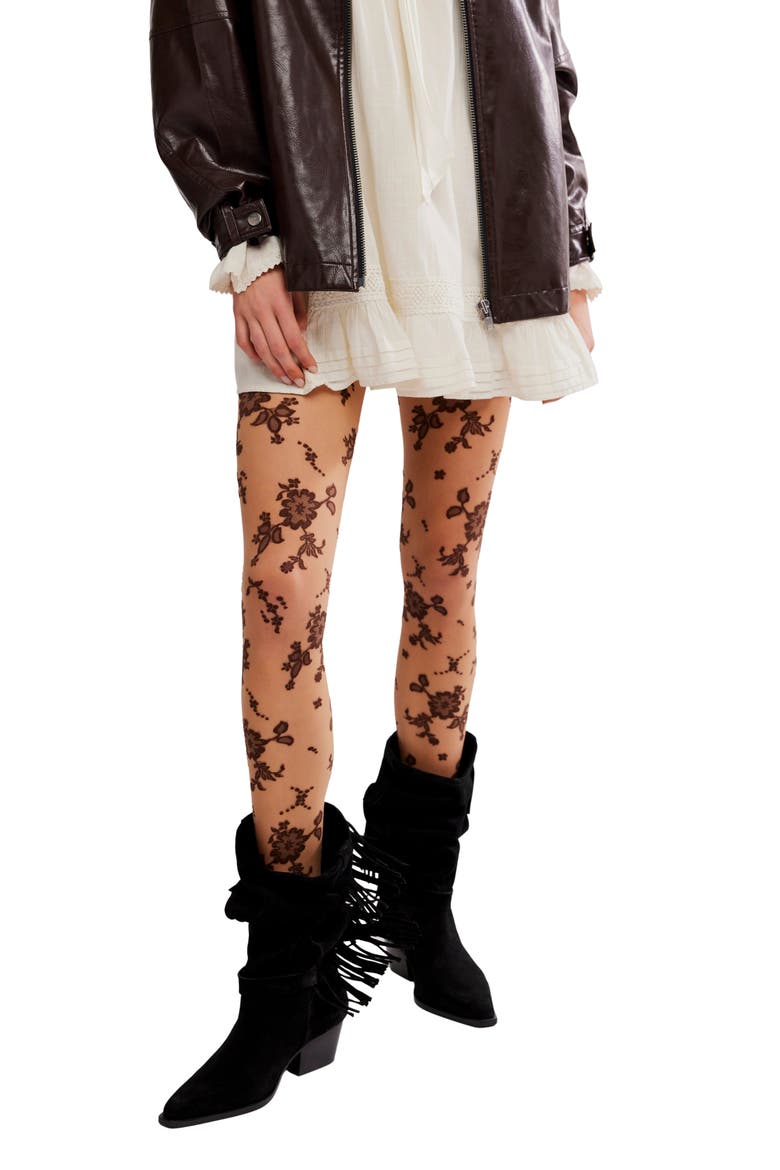 Flocked Floral Tights, Alternate, color, ESPRESSO COMBO