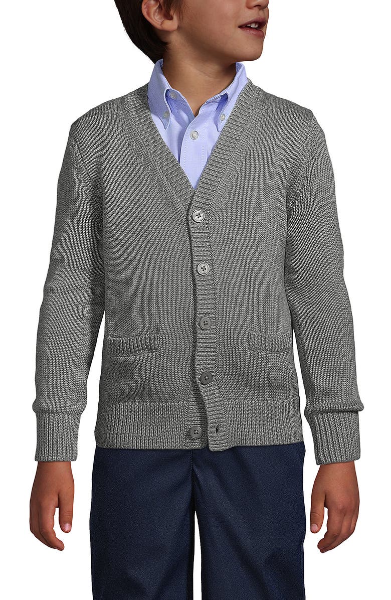 Lands' End School Uniform Boys Cotton Modal Button Front Cardigan Sweater, Main, color, Pewter Heather