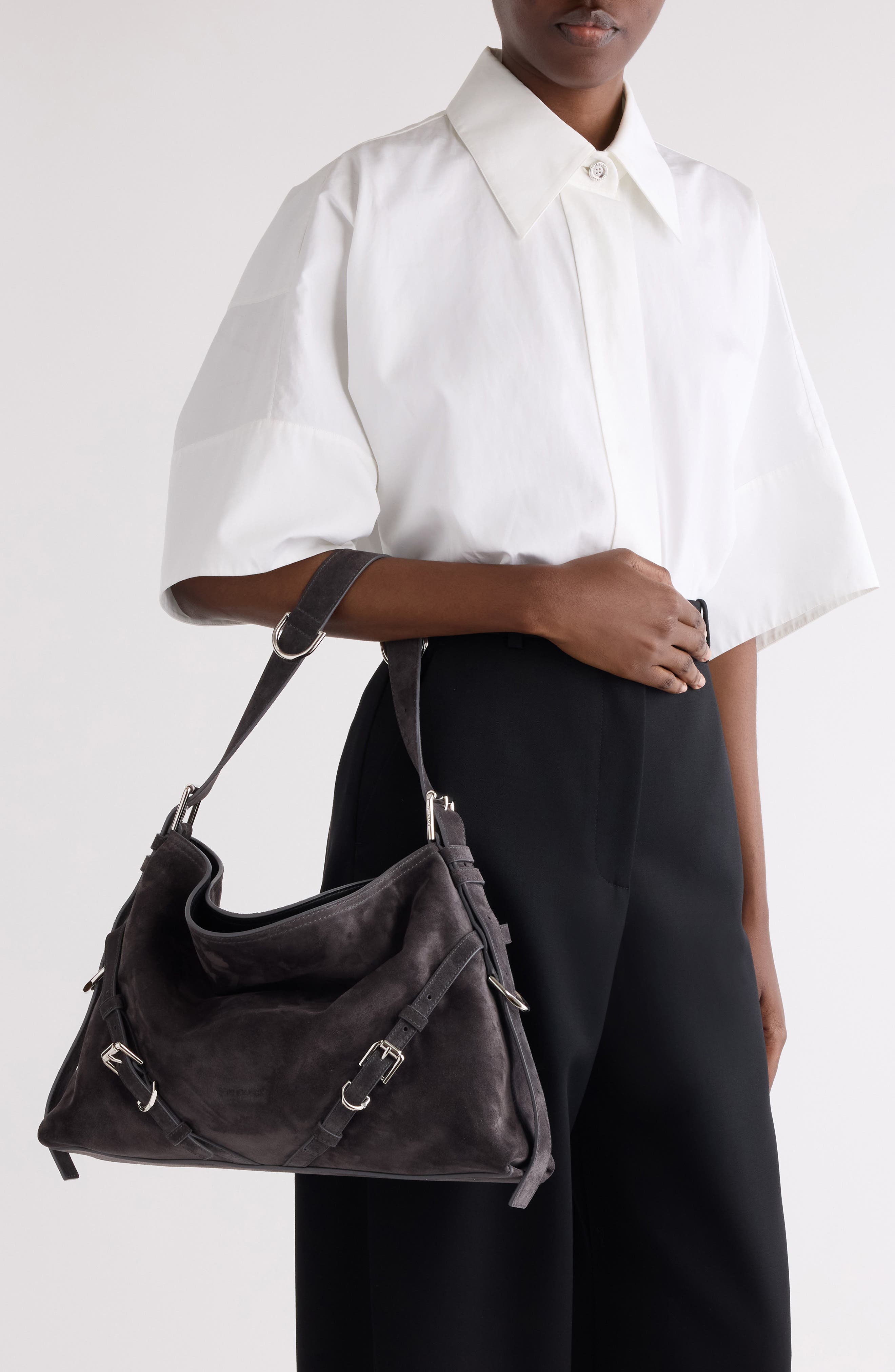 Givenchy Large Voyou Suede Shoulder Bag, Alternate, color, 001-Black