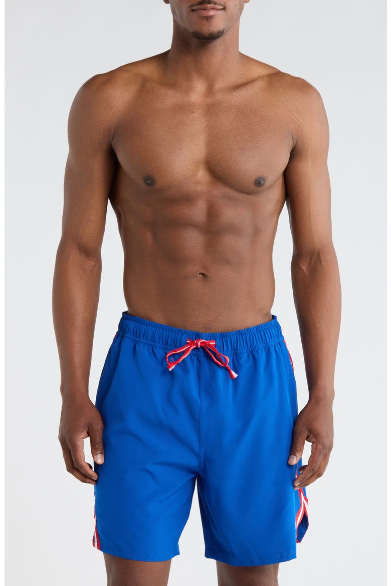 Stripe Tape Trim Swim Trunks, Main, color, BLUE