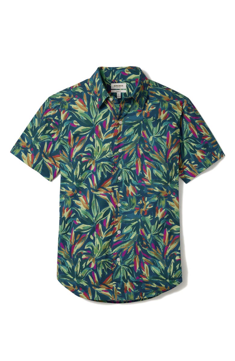 Bonobos Riviera Slim Fit Leaf Print Short Sleeve Button-Up Shirt, Alternate, color, Abstract Linework V2 C32