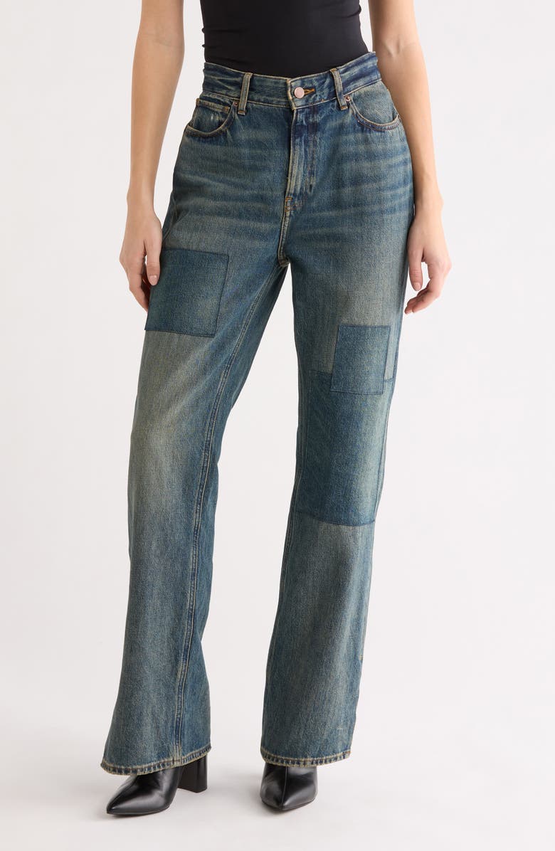 Good American The Khloé High Waist Patch Denim Straight Leg Jeans, Main, color, Indigo1095