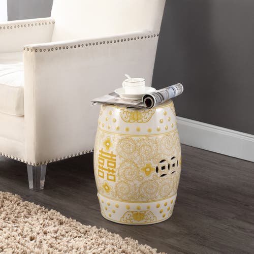 Jonathan Y Double Happiness 18" Chinoiserie Ceramic Drum Garden Stool In Yellow/white