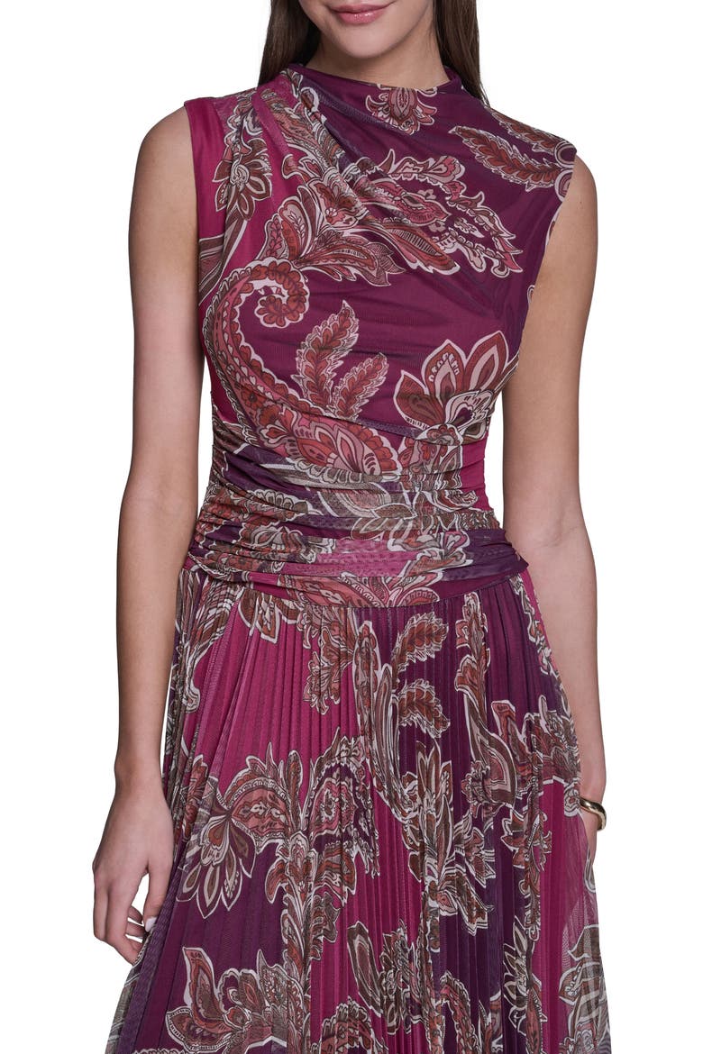 Sleeveless Paisley Printed Mesh Dress, Alternate, color, Deep Plum/Berry Multi