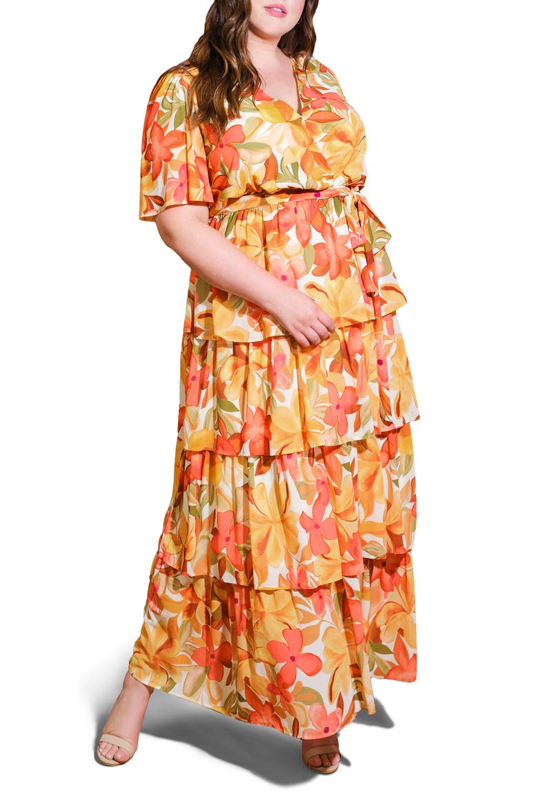 Printed Tie Waist Tiered Maxi Dress, Main, color, IVORY MUSTARD