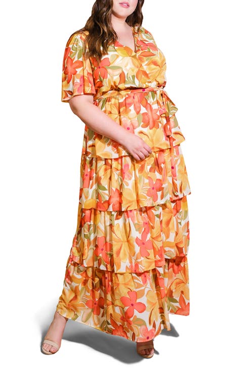 Printed Tie Waist Tiered Maxi Dress (Plus)