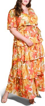 FLYING TOMATO Printed Tie Waist Tiered Maxi Dress