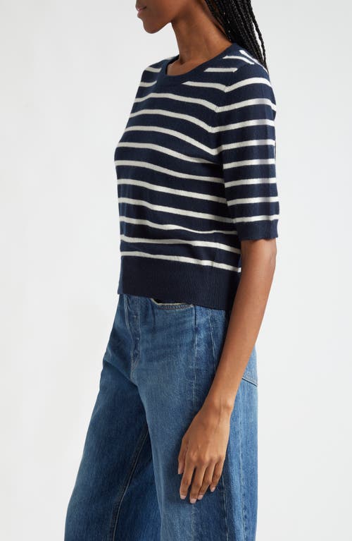 Veronica Beard Shana Stripe Short Sleeve Cashmere Sweater In Navy Ivory
