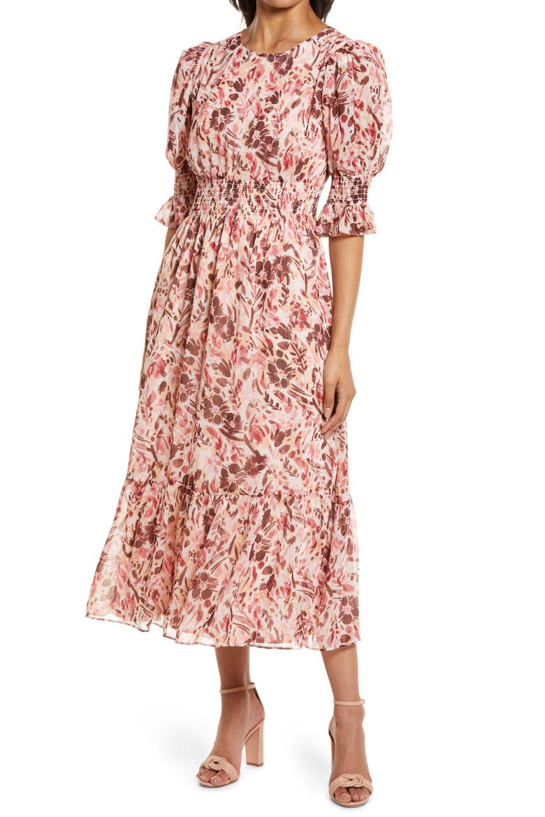 Floral Print Smocked Maxi Dress, Main, color, SOFT PEACH/ BURGUNDY