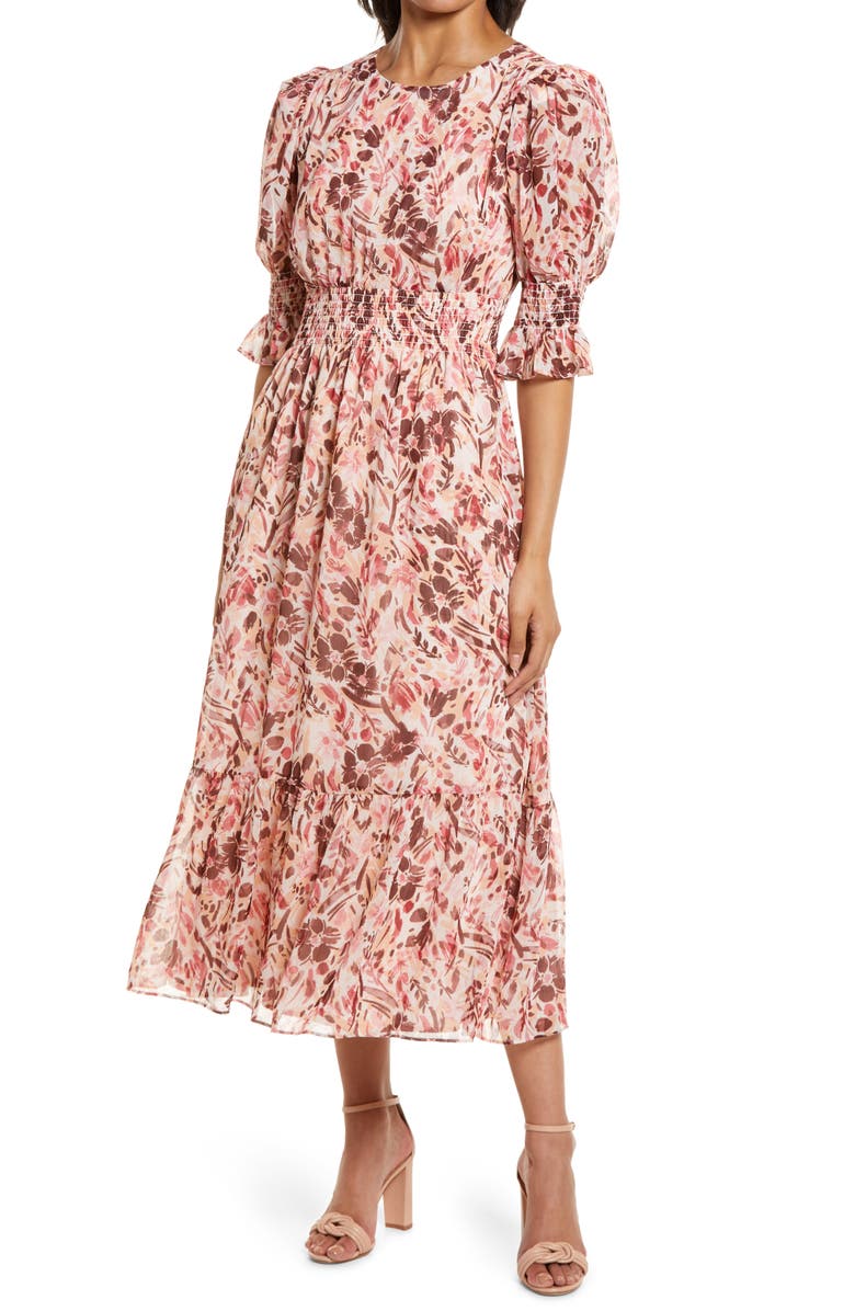 Maggy London Floral Print Smocked Maxi Dress, Main, color, 