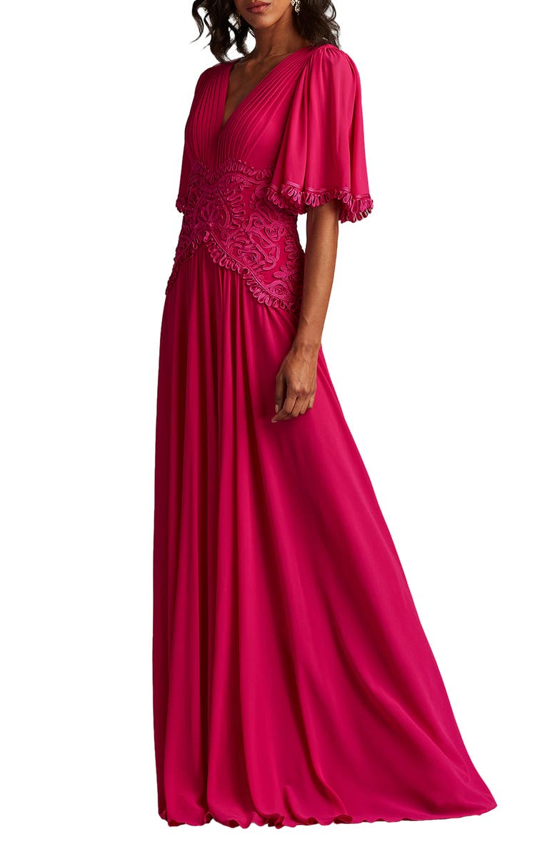 Tadashi Shoji Scroll Lace Detail Flutter Sleeve Chiffon Gown, Main, color, Hibiscus