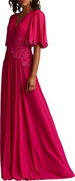 Tadashi Shoji Scroll Lace Detail Flutter Sleeve Chiffon Gown