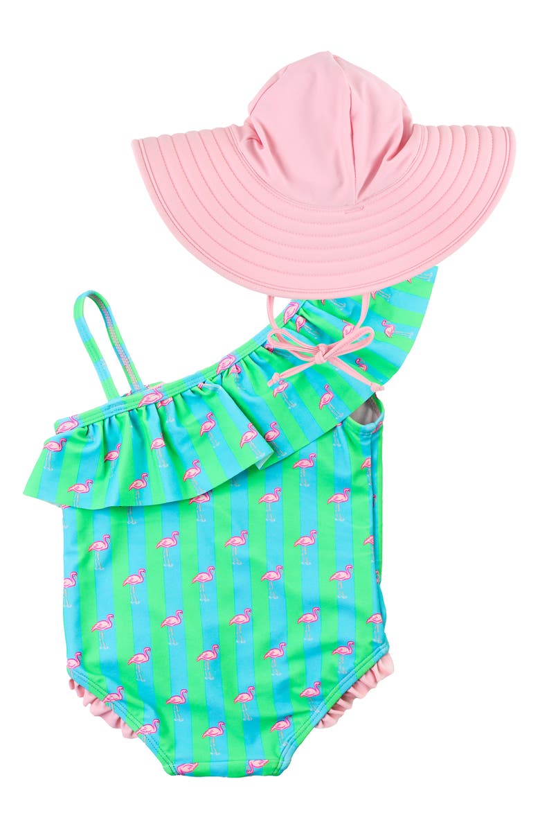 RuffleButts Neon Flamingo One-Piece Swimsuit & Hat Set, Alternate, color, 