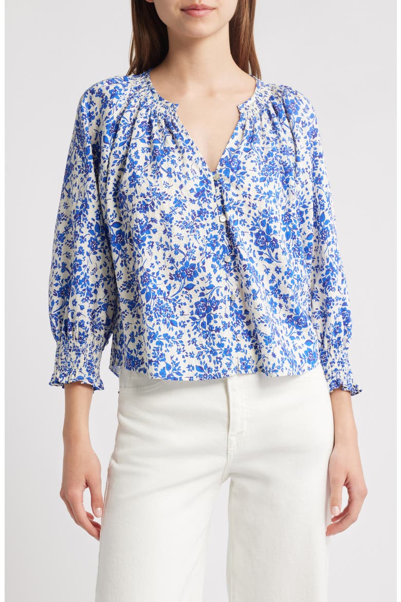 Mariah Floral Smocked Button-Up Peasant Top, Main, color, BLUE MARGUERITE