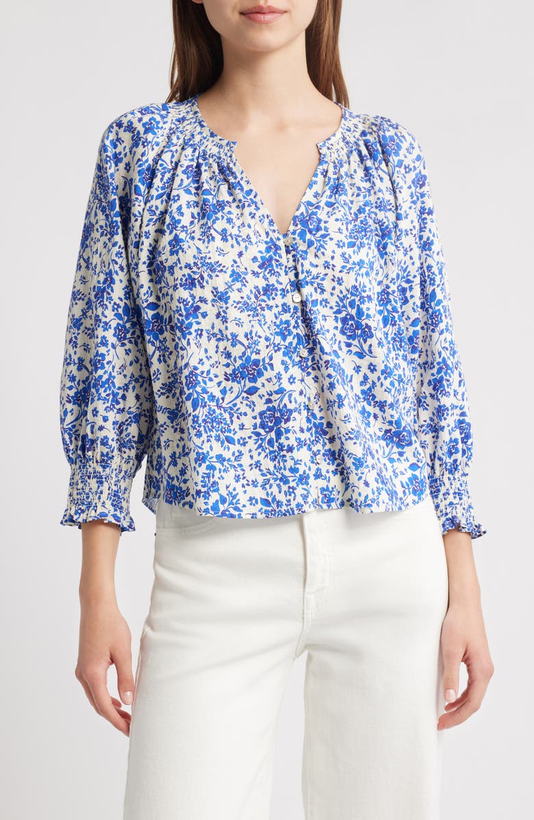 Rails Mariah Floral Smocked Button-Up Peasant Top, Main, color, Blue Marguerite