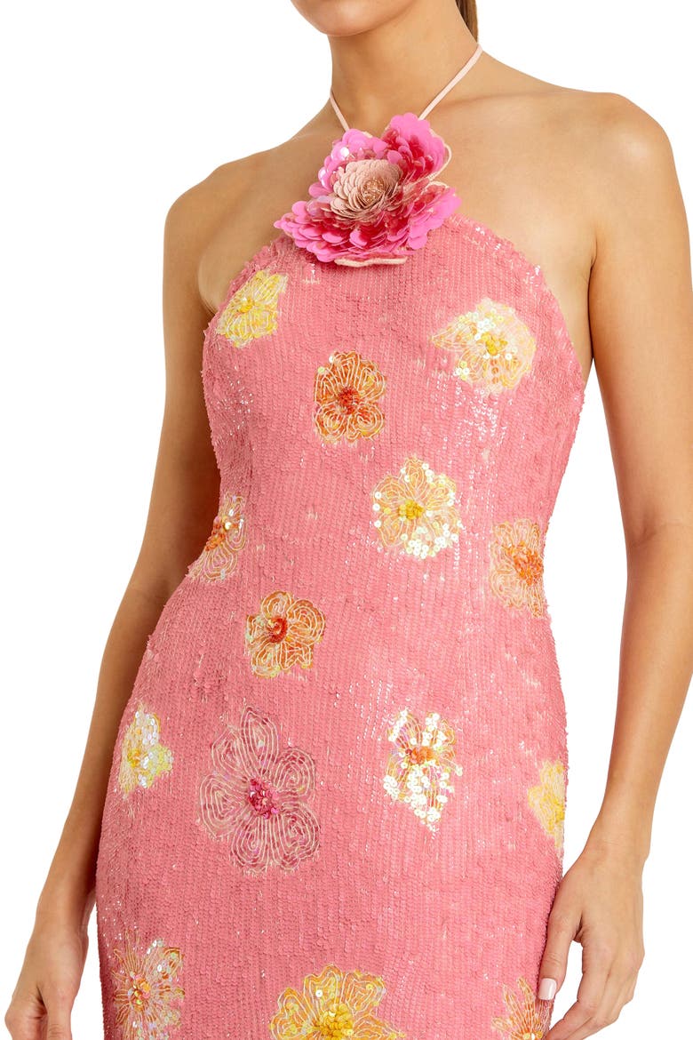 Halter Neck Floral Embellished Mesh Gown, Alternate, color, Pink Lemonade