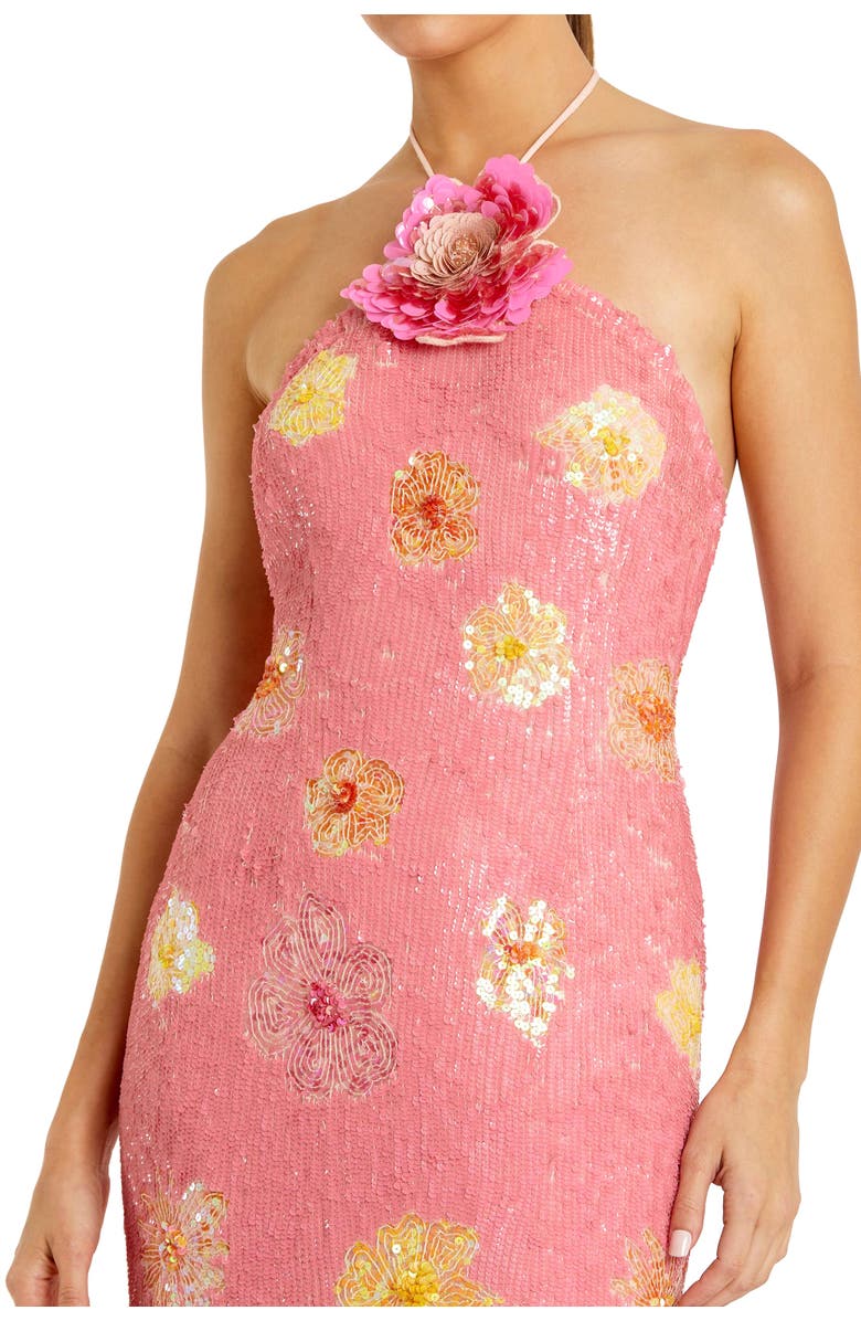 Mac Duggal Halter Neck Floral Embellished Mesh Gown, Alternate, color, Pink Lemonade