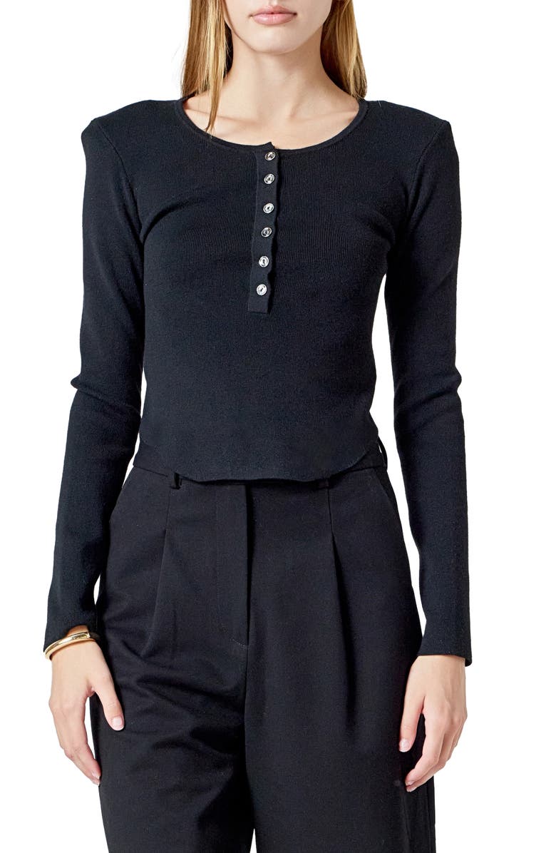 Endless Rose Shoulder Pad Rib Knit Top, Main, color, Black