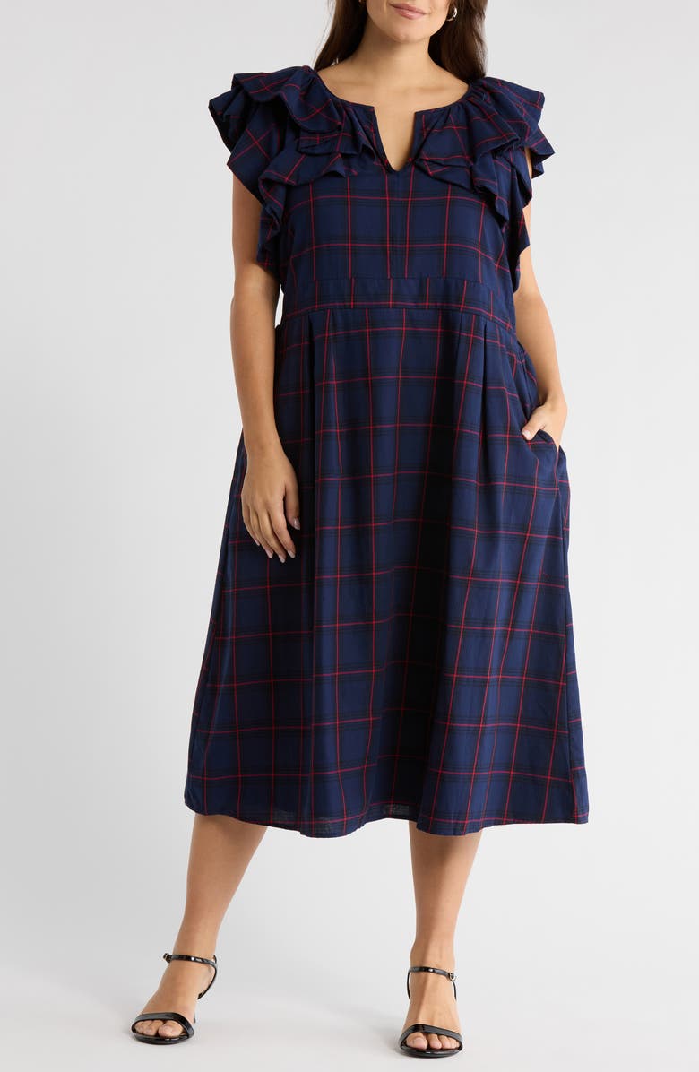 SUGARLIPS Holbrook Plaid Santana Tie Back Cotton Midi Dress, Main, color, Navy-Red
