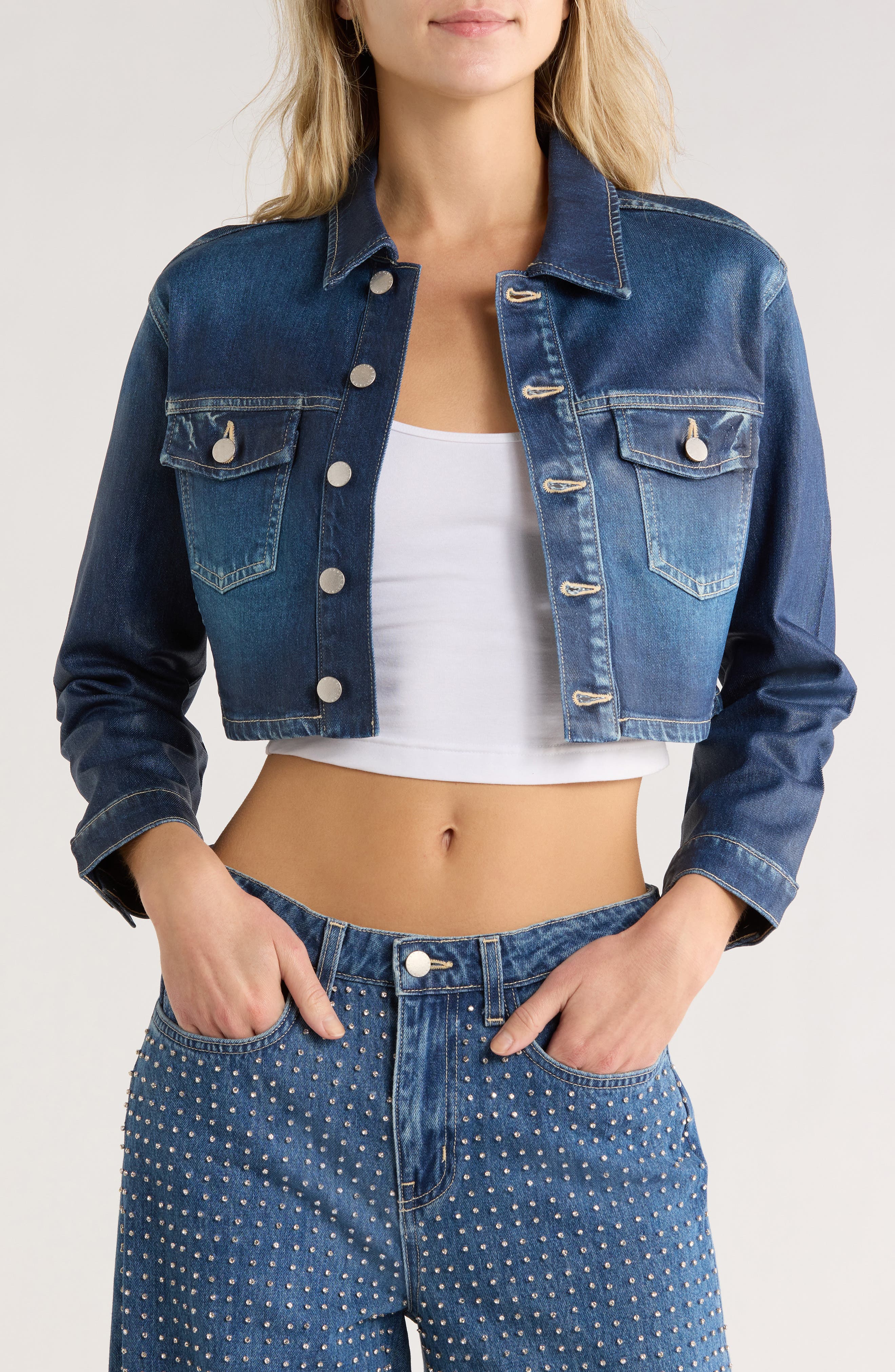 L'AGENCE Genevie Crop Coated Denim Jacket
