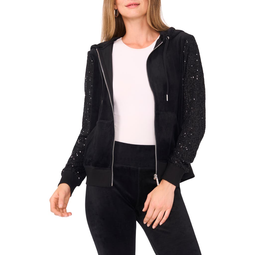 Vince Camuto Plus Size Velour Zip-front Hoodie Jacket In Black