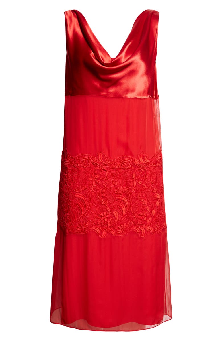 FERRAGAMO Lace Trim Cowl Neck Satin & Chiffon Shift Dress, Alternate, color, New Red
