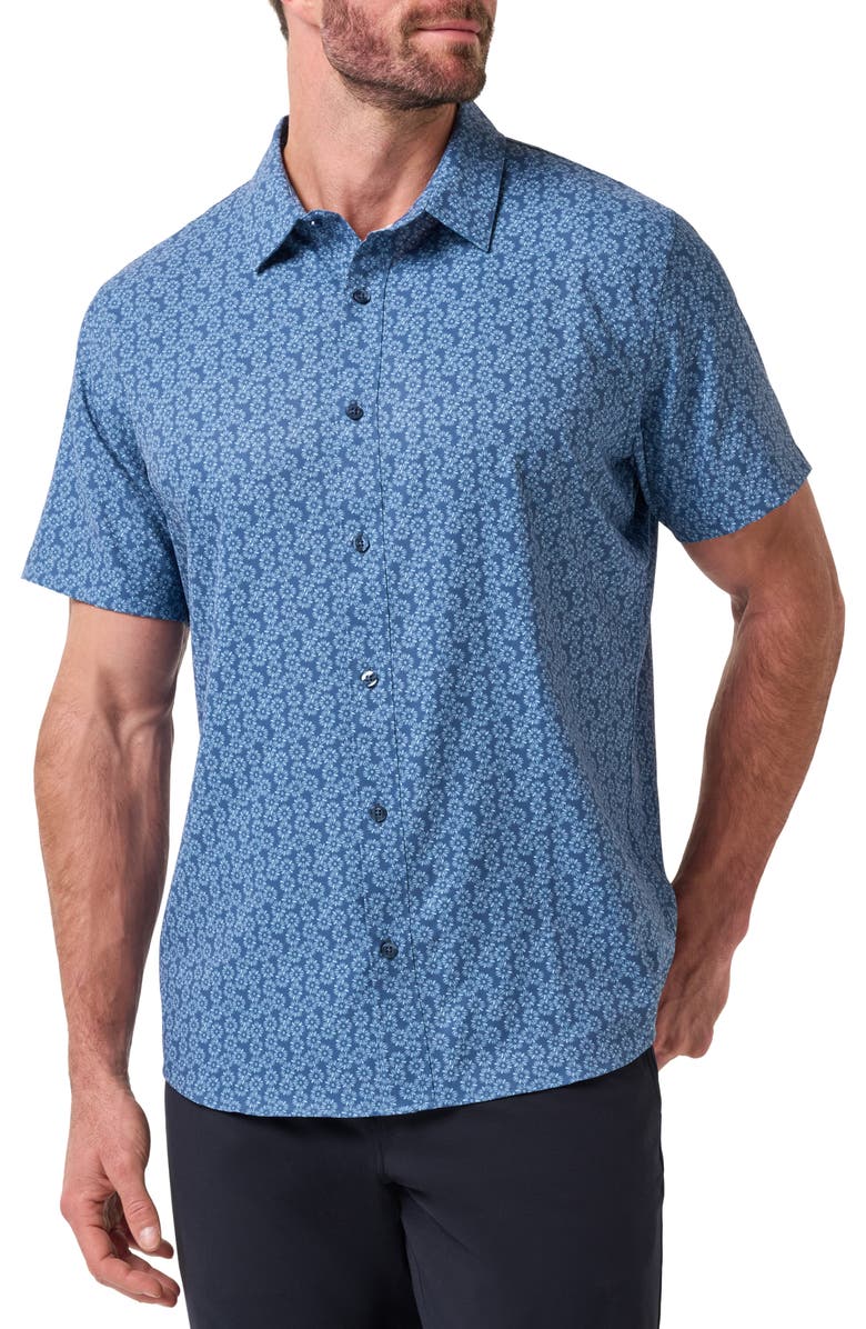 TravisMathew Techwoven Sunlight Floral Short Sleeve Performance Button-Up Shirt, Main, color, Bering Sea