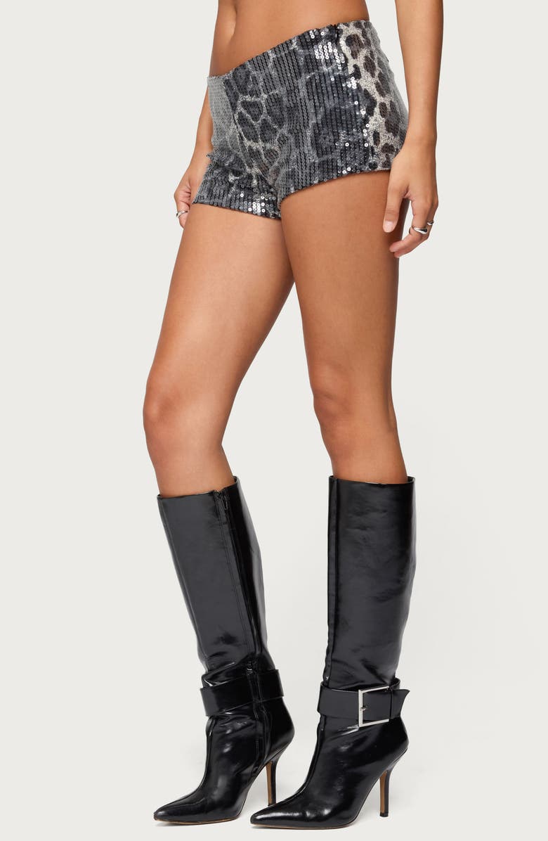 EDIKTED Sequin Leopard Print Microshorts, Alternate, color, Black