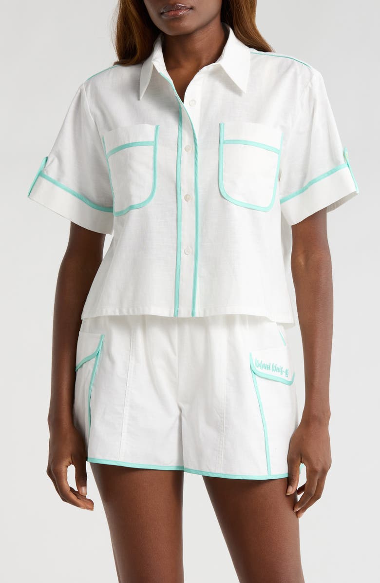 Kulani Kinis Crop Cover-Up Button-Up Shirt, Alternate, color, Crystal Tides