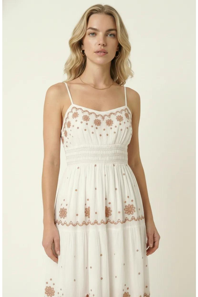 Embroidered Tiered Maxi Dress, Alternate, color, White / Brown Embroidery