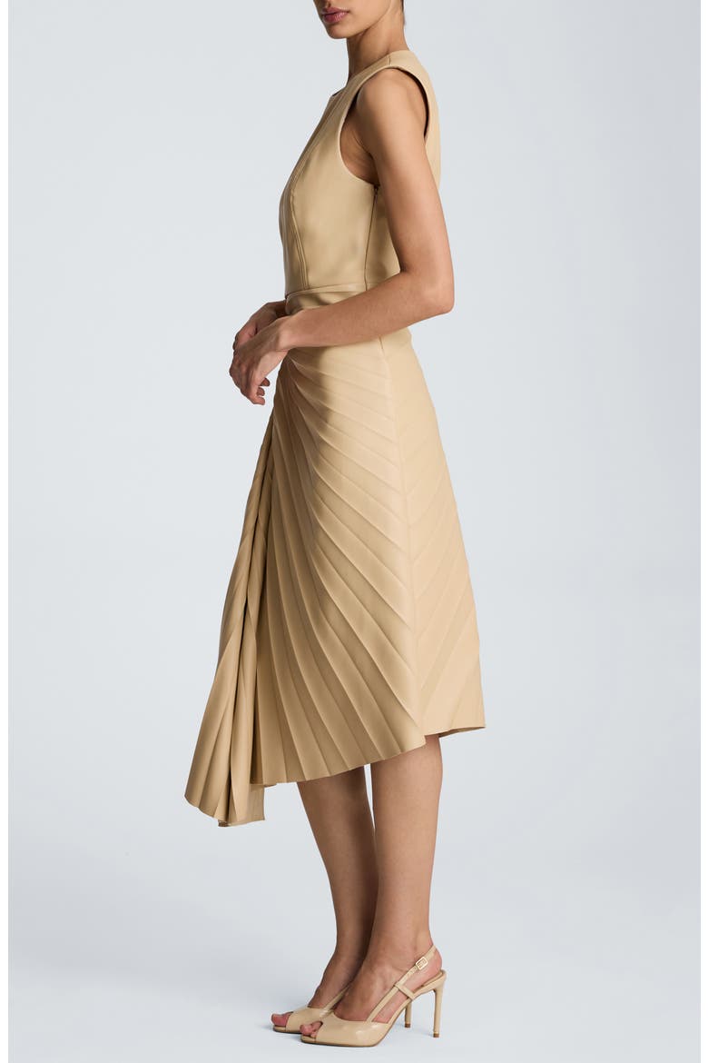 Sunburst Pleat Faux Leather Sleeveless Dress, Alternate, color, BISCOTTI