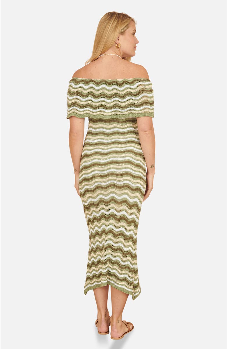 Yumi Stripe Crochet Knit Bardot Midi Dress, Alternate, color, Green