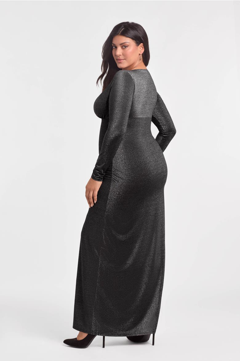 Sculpting Shapewear Shirred V-Neck Long Sleeve Metallic Maxi Dress, Alternate, color, Onyx Black