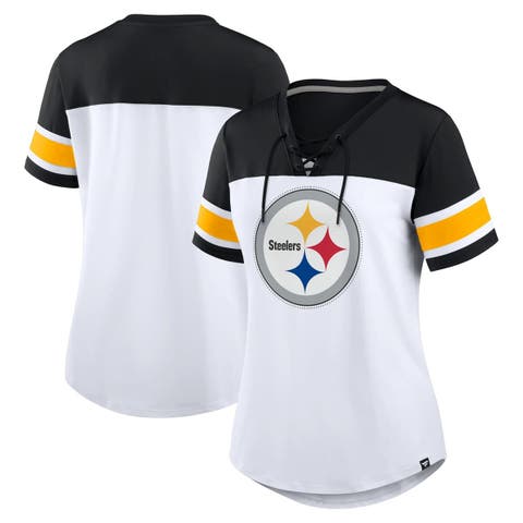 Women's Fanatics White/Black Pittsburgh Steelers Athena Rhinestone Lace-Up V-Neck T-Shirt