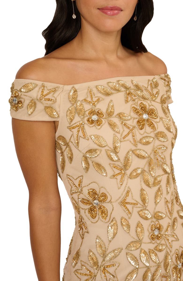 Adrianna Papell Sequin Floral Off the Shoulder Gown, Alternate, color, Champagne Gold