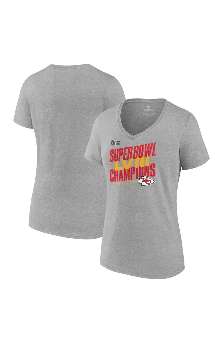 FANATICS Women's Fanatics Branded  Heather Gray Kansas City Chiefs Super Bowl LVIII Champions Iconic Victory V-Neck T-Shirt, Main, color, 