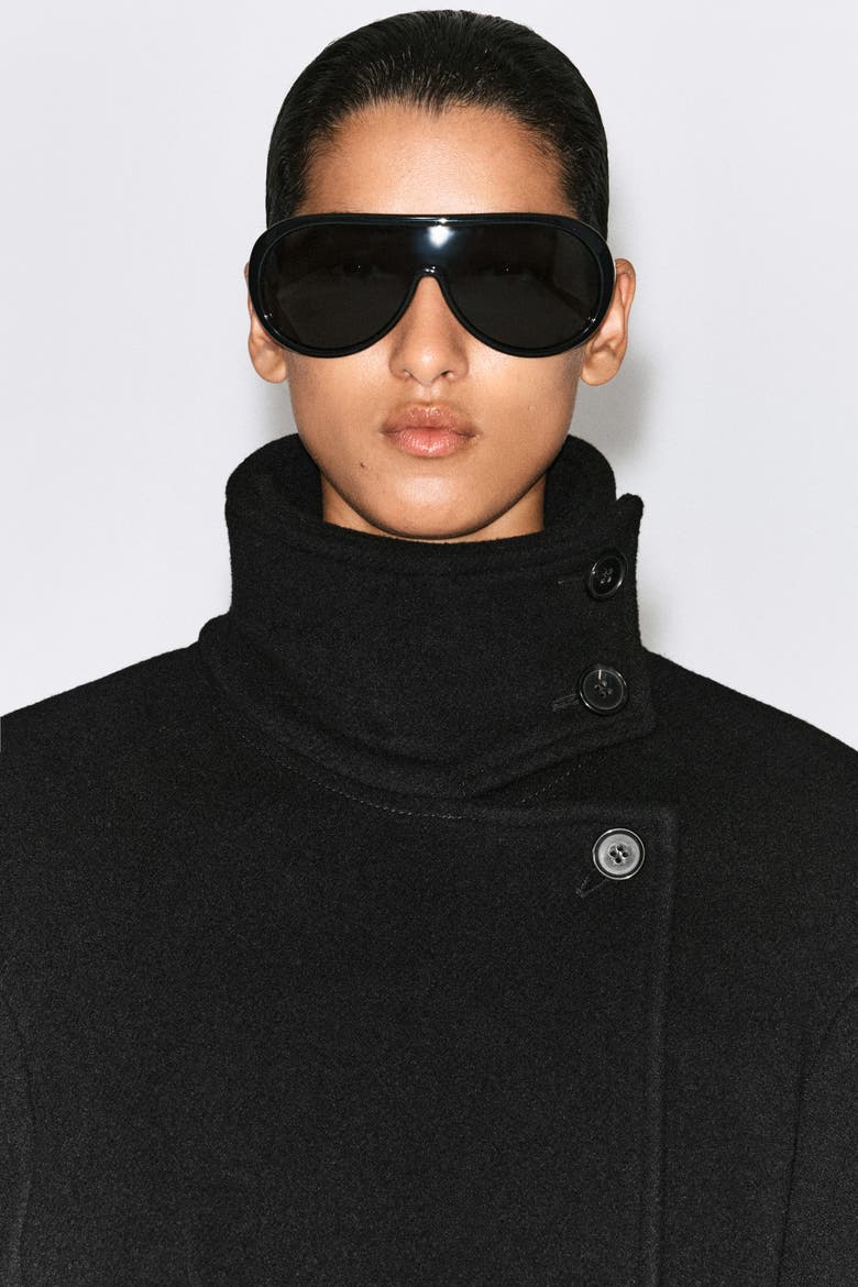 Belted Wool-Blend Mock-Neck Coat, Alternate, color, BLACK