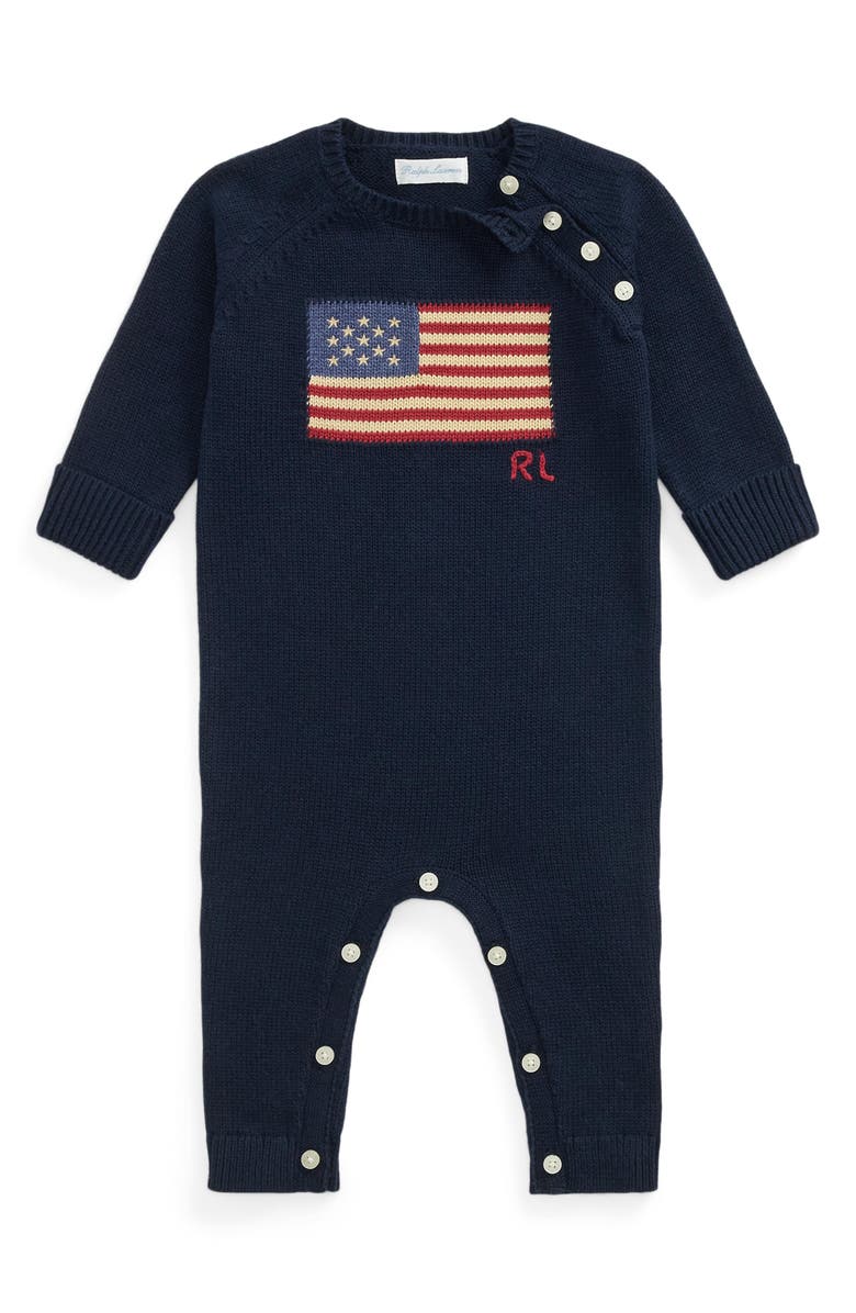 Ralph Lauren Flag Cotton Romper, Main, color, 