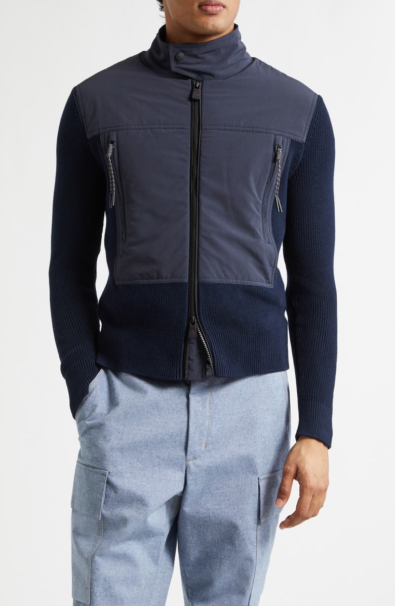 Moncler Grenoble Hybrid Down Fill Zip-Up Cotton Cardigan, Main, color, Navy Blue