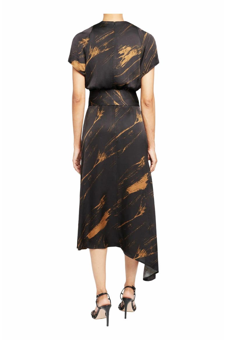 Haley Silk Asymmetric Faux Wrap Midi Dress in Abstract Crepe, Alternate, color, BLACK