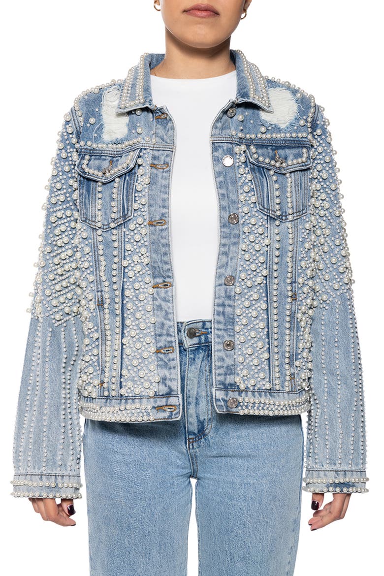 Imitation Pearl Denim Jacket, Main, color, BLUR