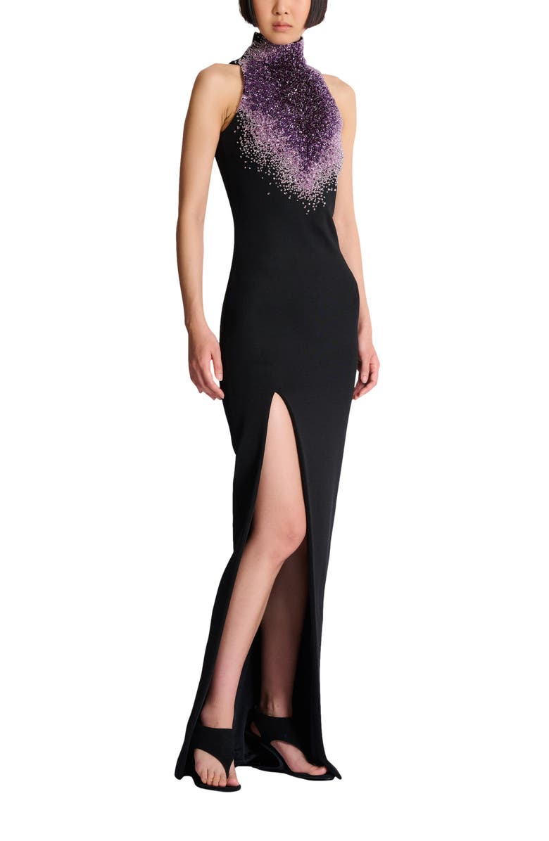 Balmain Milano jersey halterneck dress with "Amethyst" embroidery, Main, color, Black