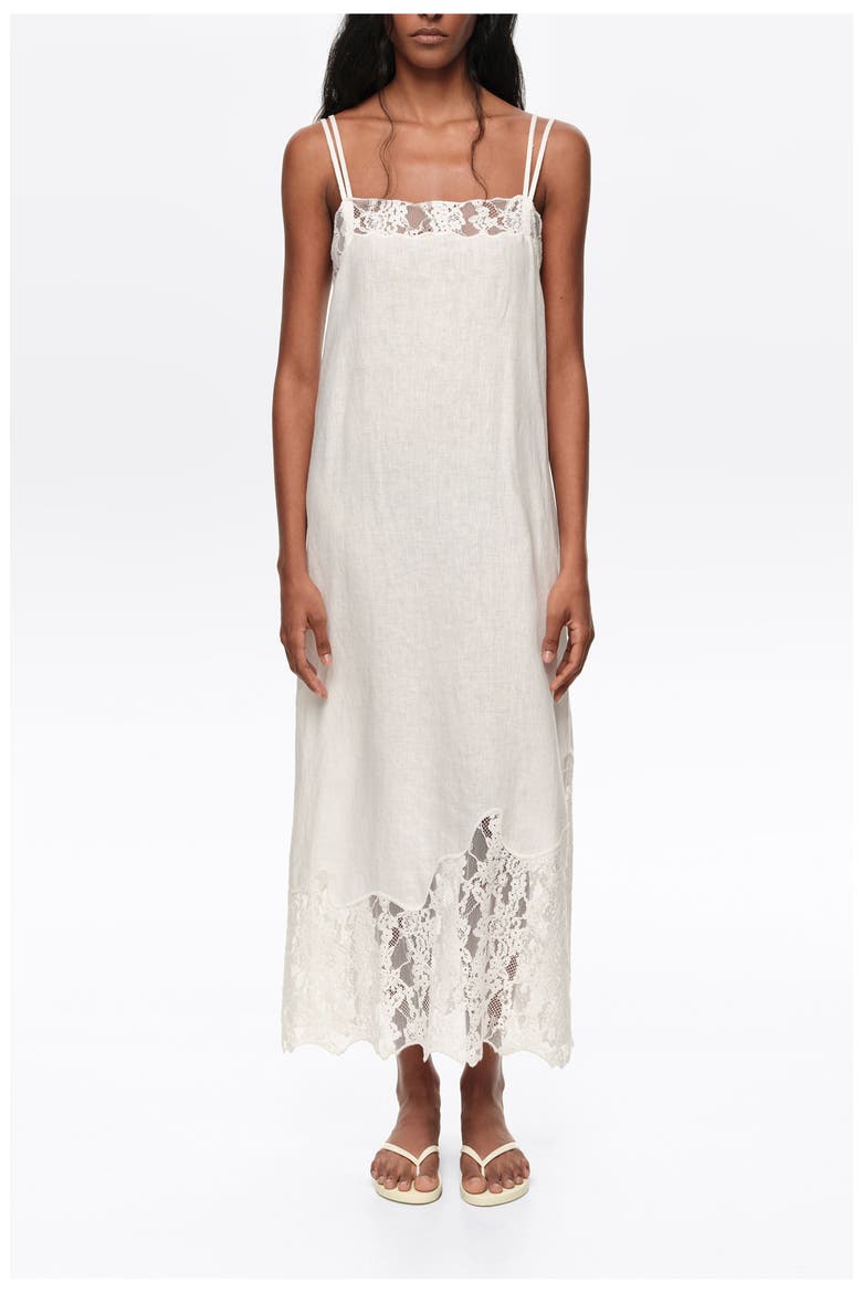 Washed Linen Lace Midi Dress, Main, color, WHITE