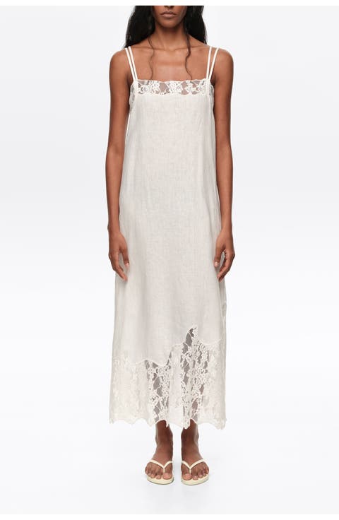 Washed Linen Lace Midi Dress